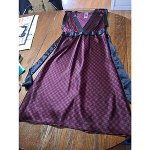 Large Lush Red Black Deep VCut Silky Midi Dress with Belt